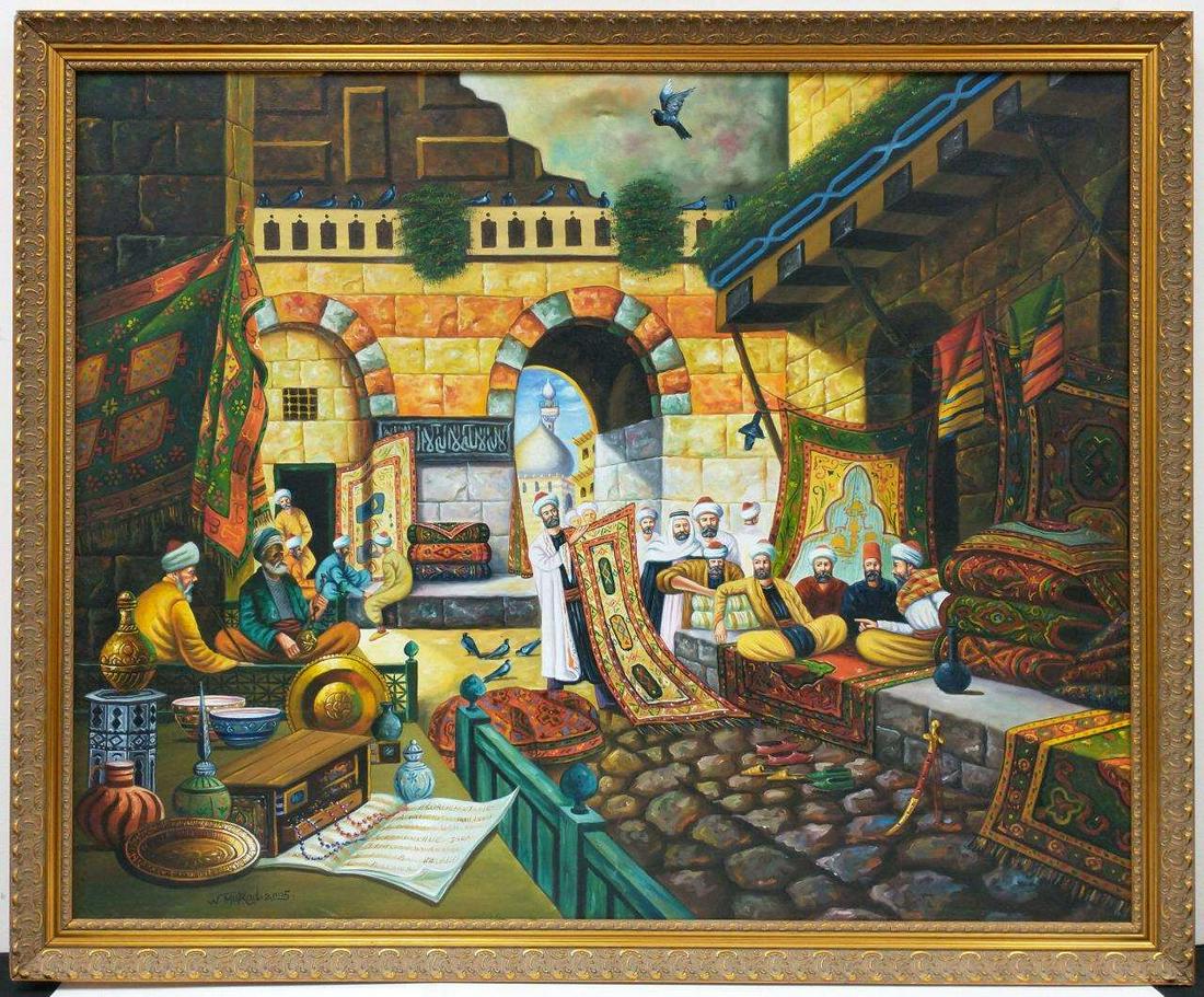 Painting Oil on Canvas, Islamic Middle Eastern.: Painting Oil on Canvas. Signed Lower Left W. Murad. Dated 2005. Islamic Middle Eastern Bazaar. Condition: Generally Good Condition. One small minor tear. Dimensions: Sight-39" x 32", Frame-42" x 35". 