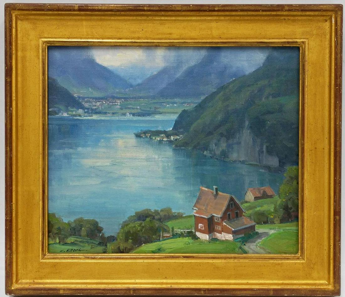 Painting Oil on Panel by Clyde Aspevig, American.: Painting Oil on Panel by Clyde Aspevig, American (Born 1951) "The Lake District Lucern". Signed Lower Left. In Original Frame. Condition: Excellent Condition. Dimensions: Sight-12" x 10". Frame-15.5"