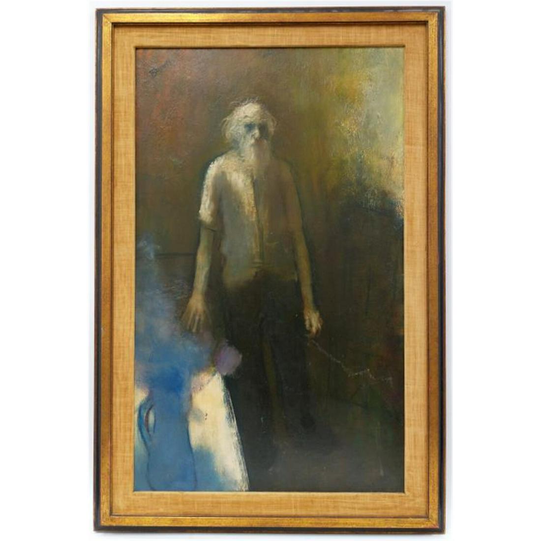 Painting Oil on Board by Stephen Bagnell, American: Painting Oil on Board by Stephen Bagnell, American (1930-1996), "Father Image", Circa 1950's. Signed Upper Right & Described on the Back. In Original Frame. Condition: Excellent Condition. Dimensions: