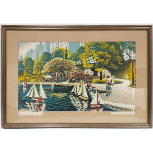 Wood Block Print by Woldemar Neufeld.: Wood Block Print by Woldemar Neufeld, American/Russian (1909-2002). Signed Lower Right & Titled "Sailboat Pond" on the Left & Numbered 12/10. In Original Frame. Condition: Excellent Condition.