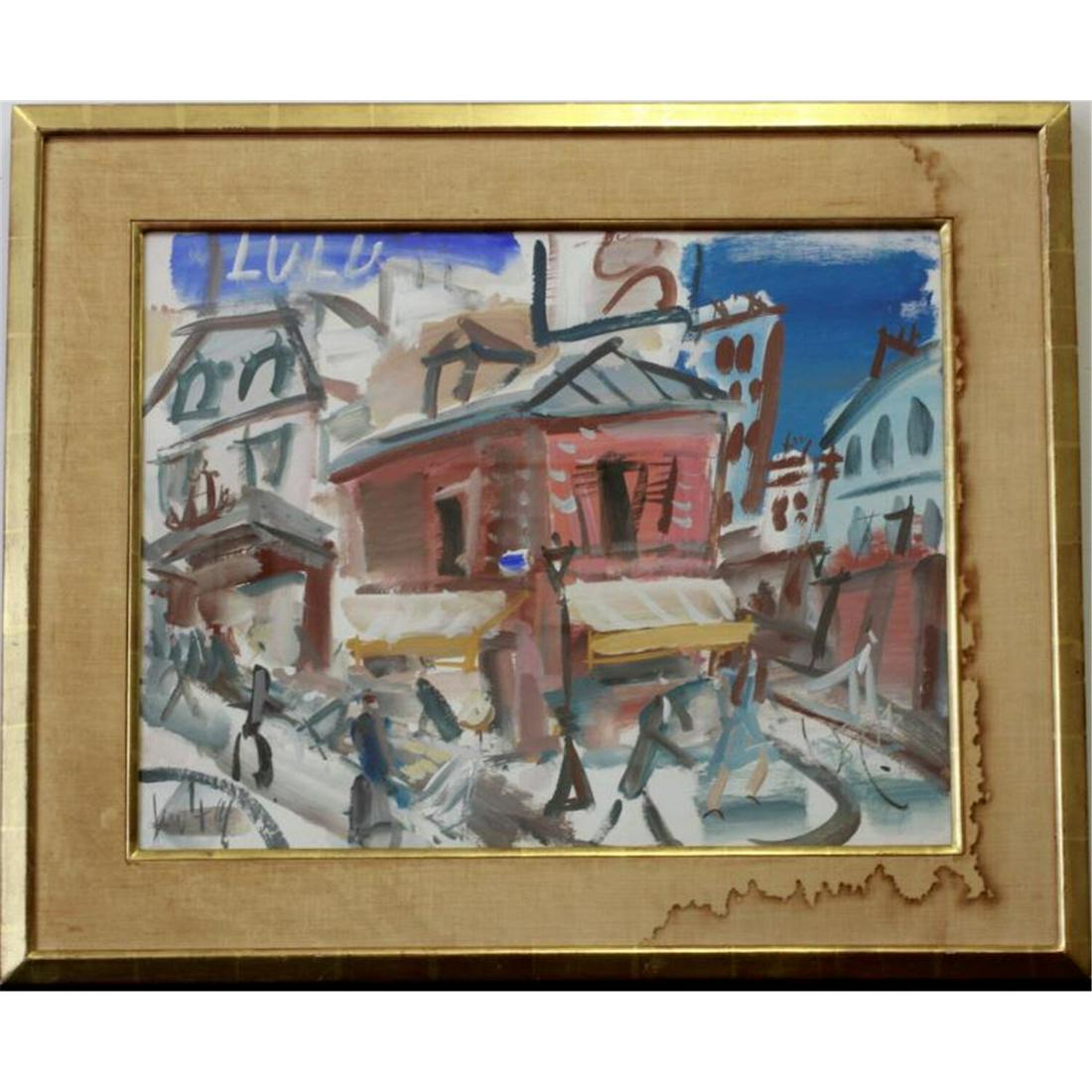 Painting by Gen Paul, French (1895-1975).: Painting Oil & Watercolor on Board by Gen Paul, French (1895-1975). Street Corner Scene, "Lulu". Condition: Generally Very Good Condition. Frame has some water stains. Dimensions: Sight- 20"x26", Fram