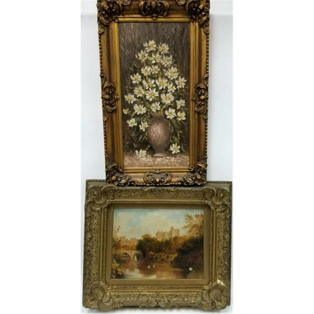 2 Antique Paintings, Oil on Board & Oil on Canvas.: 2 Antique Paintings; 1 Oil on Canvas, 1 Oil on Board. Both Signed. In Original Frames. Condition: Oil on Board has Small Holes & Needs Repair. Dimensions: Larger (Oil on Board)- Sight-24" x 12". Frame