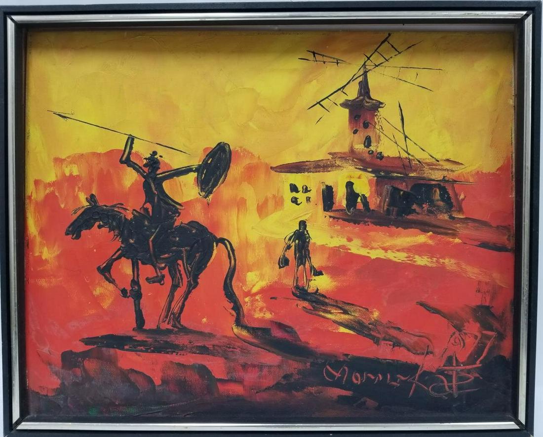 Painting Oil on Artist Board by Morris Katz.: Painting Oil on Artist Board by Morris Katz, American (1932-2010), "Don Quixote". Signed Lower Right & Dated 1977. In Original Frame. Condition: Generally Very Good Condition. Dimensions: Sight-20" x 