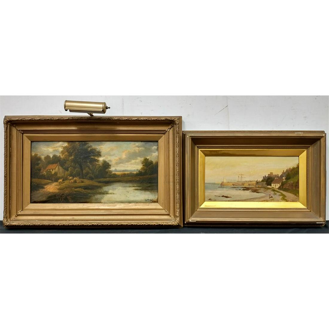 2 Signed Fine Antique Paintings Oil on Canvas.: 2 Signed Fine Antique Paintings Oil on Canvas, "Waterside Landscape". 1 is Signed W.S.W. Horton. In Original Frames. Condition: Both in Generally Good Condition. Dimensions: Larger- Sight-24"x12". Fra