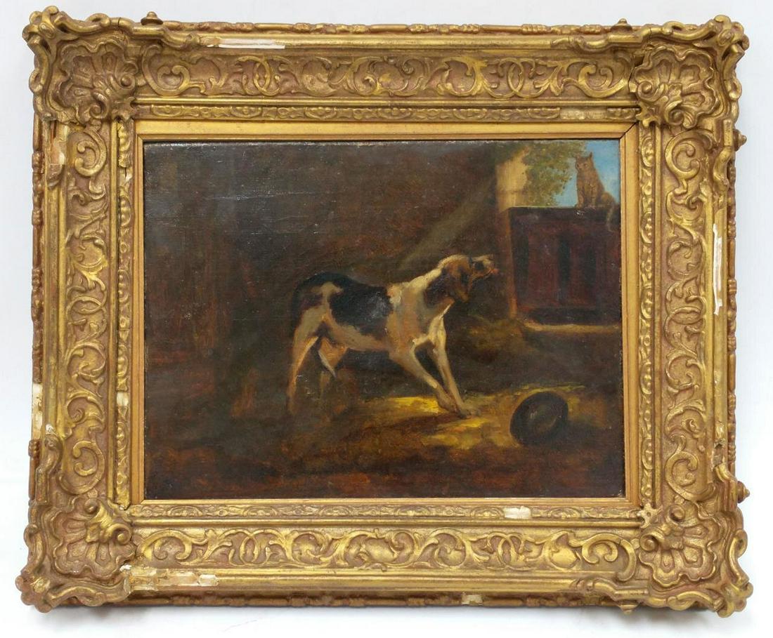 19thC Painting Oil on Canvas Signed & Dated 1875.: 19thC Painting Oil on Canvas, "Dog & Cat". Indistinctly Signed Lower Left & Dated 1875. Original Frame. Condition: Appears to be in Generally Good Condition, This item has been relined. Dimensions: Si