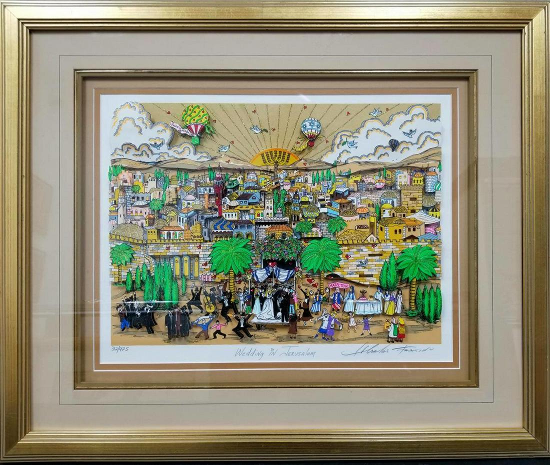 Judaica 3D Mixed Media Collage by Charles Fazzino.: Judaica 3D Mixed Media Collage by Charles Fazzino, American (Born 1955). "Wedding in Jerusalem". Signed Lower Right, Numbered Lower Left 312/475, With Hand Sketch on the Back by Fazzino, Dated 2007. B