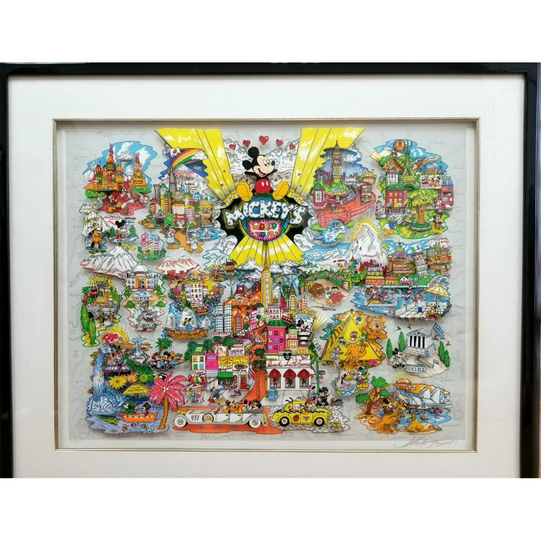 Large 3D Mixed Media Collage by Charles Fazzino.: Exceptional Large 3D Mixed Media Collage by Charles Fazzino, American (Born 1955). "Mickey's World Tour". Signed Lower Right, Numbered Lower Left 449/600, With Hand Sketch on the Back by Fazzino, Date