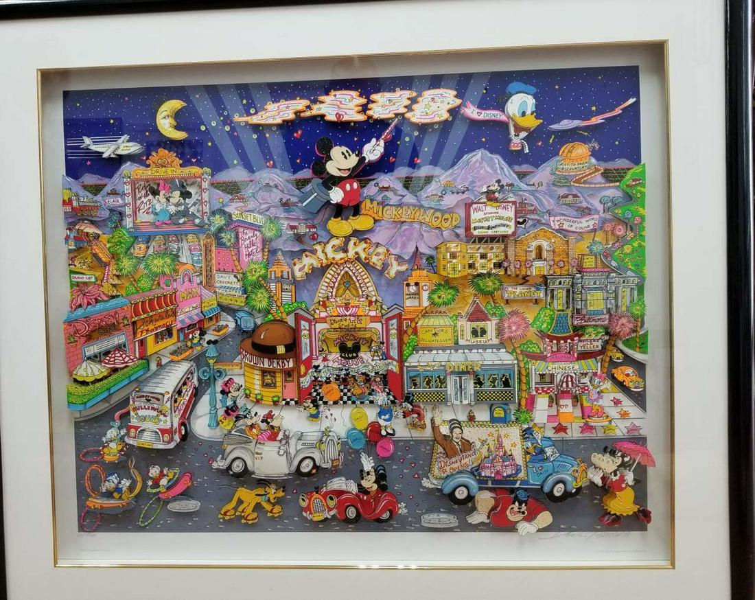 Large 3D Mixed Media Collage by Charles Fazzino.: Large 3D Mixed Media Collage by Charles Fazzino, American (Born 1955). "Mickey'wood". Signed Lower Right, Numbered Lower Left 27/300, DX. Beautifully Framed. Condition: Excellent Condition. Dimensions