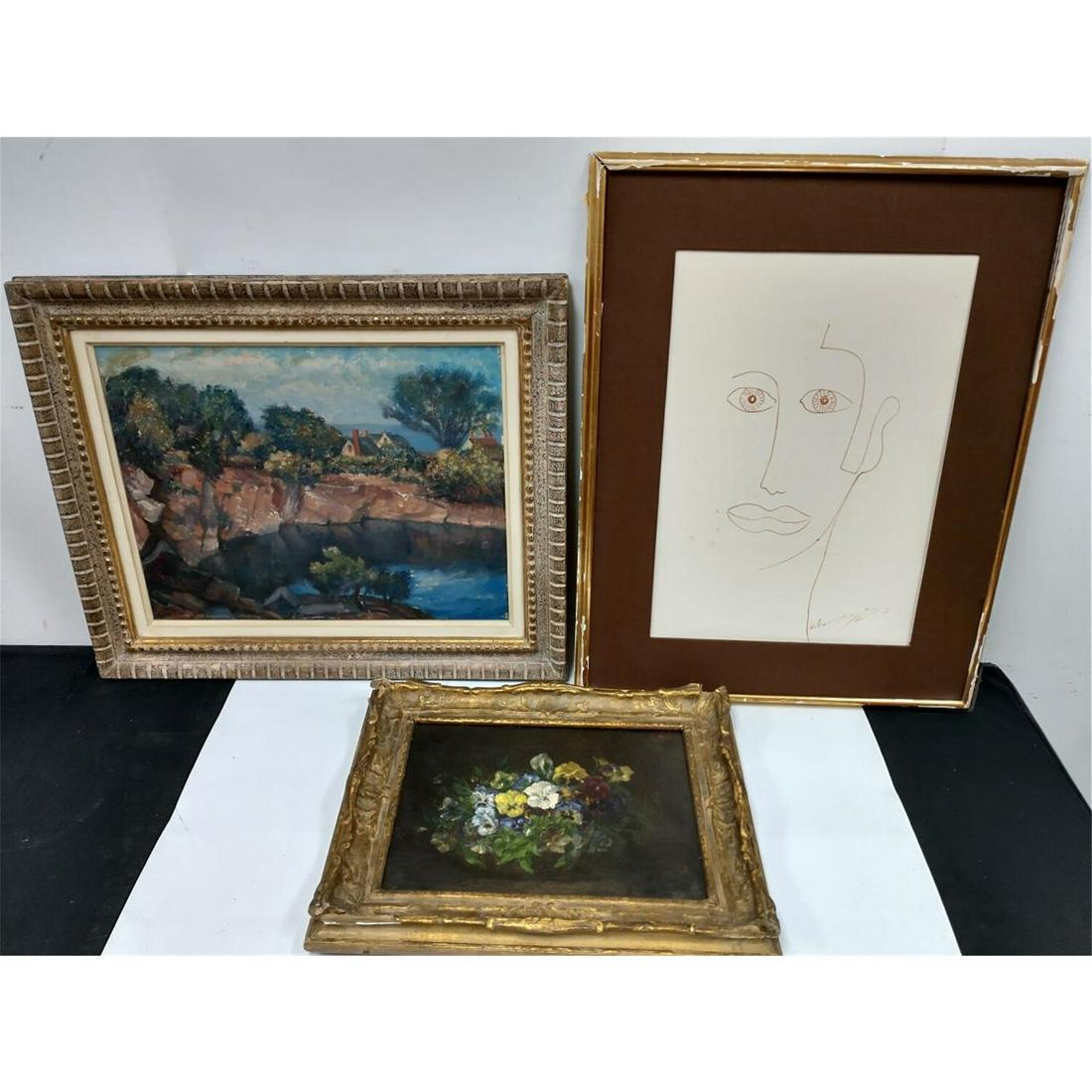 3 Paintings, 2 Oil on Canvas, 1 After Jean Cocteau: 3 Paintings, 2 Oil on Canvas, 1 After Jean Cocteau. All Signed. Condition: All in Generally Good Condition. Dimensions: Largest- Sight 23" x 18", Frame 30" x 25". Provenance: From a Queens, NY Home. P
