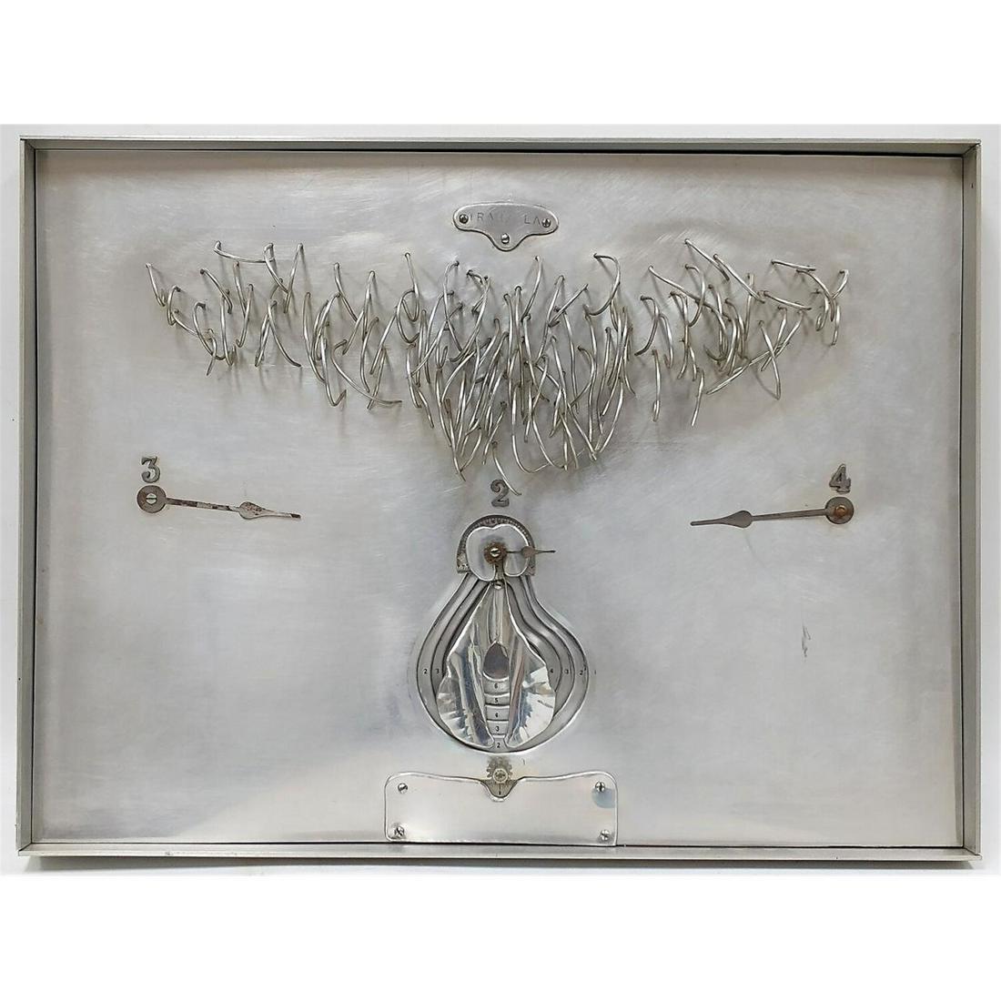 Mixed Media Aluminum Collage by Barbara Pniewska.: Mixed Media Relief Aluminum Collage on Board by Barbara Pniewska, Polish (1923-1988), "Tranzola". In Original Aluminum Frame. Apparently Unsigned. Condition: Generally Very Good Condition. Dimensions: