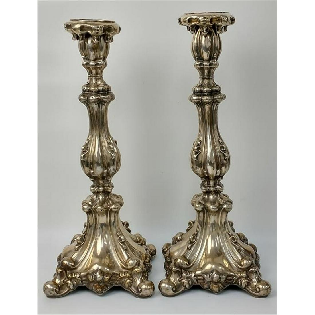 Russian Antique Pair of Silver Tall Candlesticks.: Russian Antique Pair of Silver Tall Candlesticks. Fully Hallmarked. Condition: Generally Good Condition. Dimensions: H-15.25". Total Weight: 770.3g./24.76ozt.Provenance: From an Upstate New York Home.