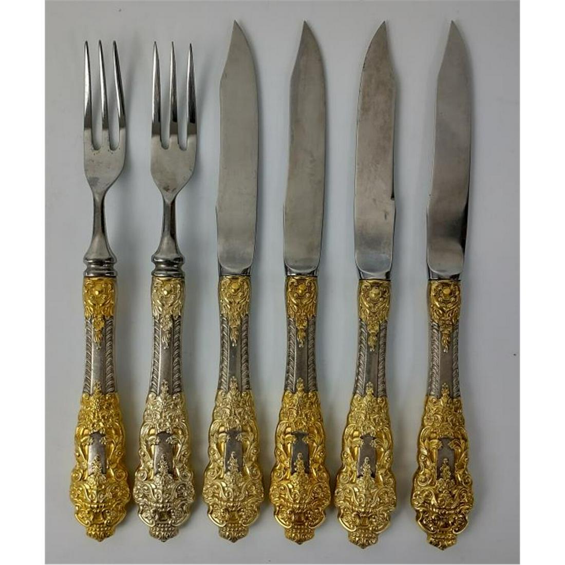 6 Gorham Sterling Silver Handle Dessert Cutlery.: 6 Gorham Sterling Silver Handle Dessert Cutlery, Including 4 Knives & 2 Forks. "Crown Baroque". Partially Gilt Decorated. Condition: Generally Good Condition. Dimensions: L- 7". Provenance: From an Up