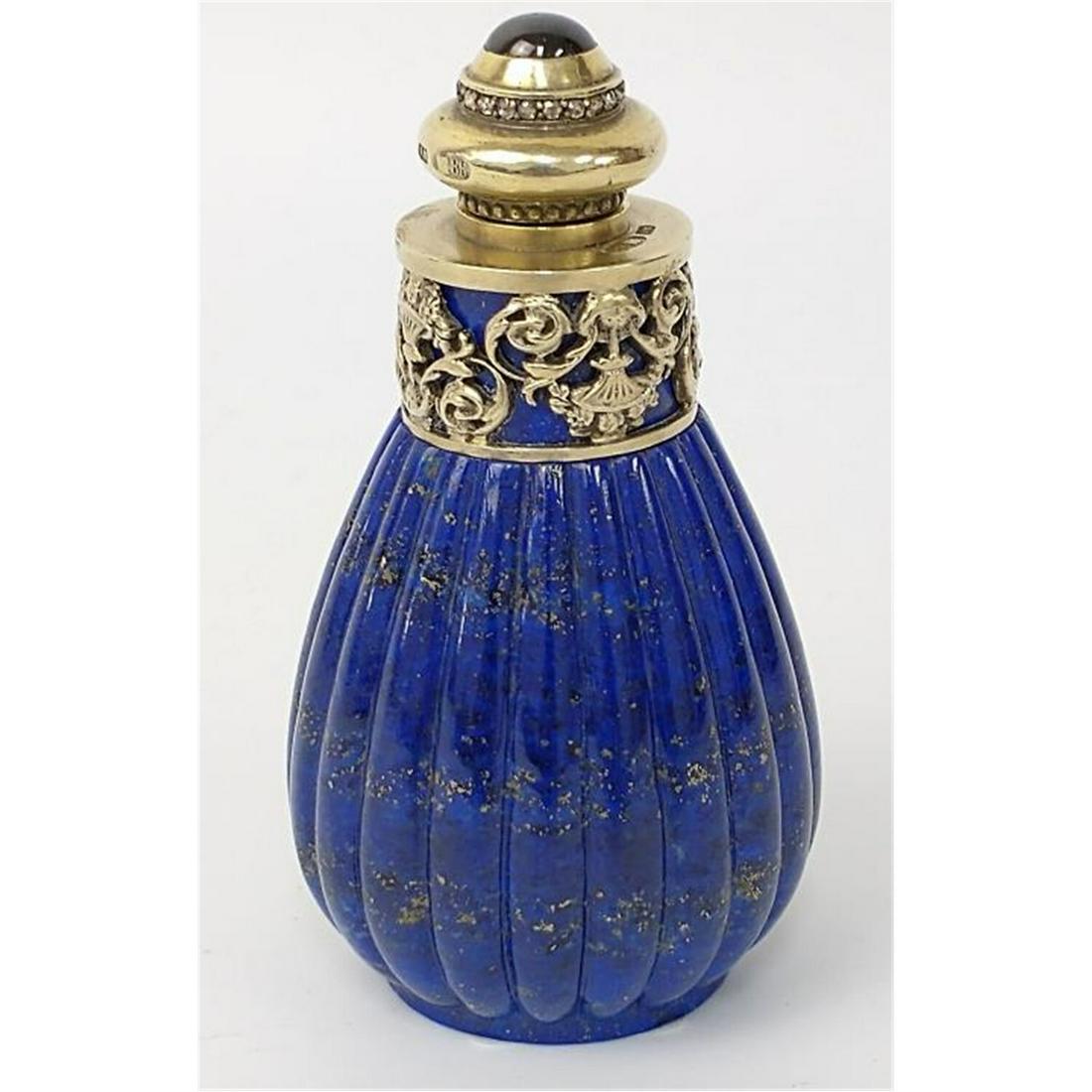 Probably Russian Lapis, Silver, Diamond Perfume.: Probably Russian Lapis Lazuli, Silver, Diamond, etc. Small Perfume Bottle. Silver is Hallmarked. Condition: Generally Good Condition. Dimensions: H-2.75". Provenance: From an Upstate New York Home. Pl