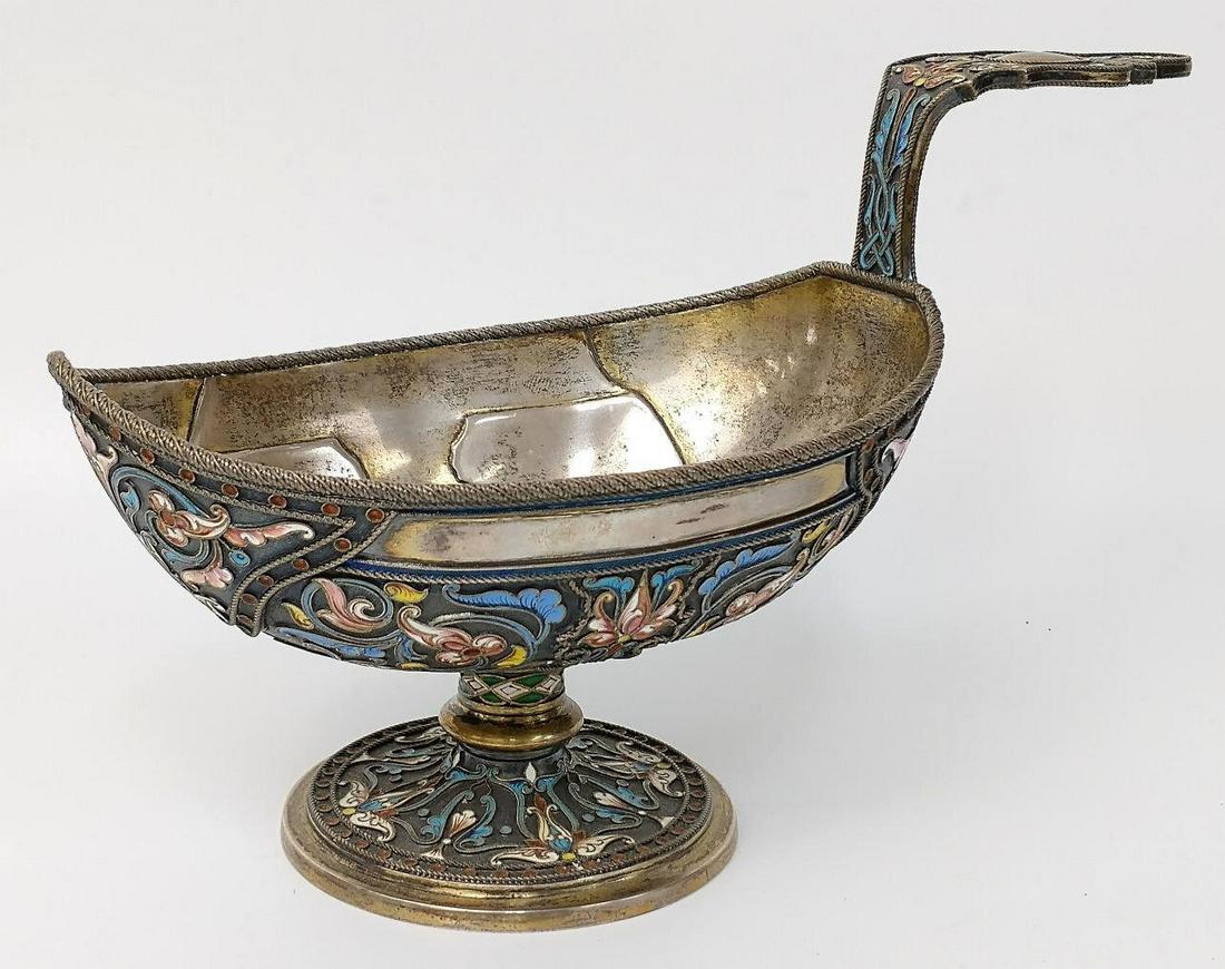 Russian Enamel Silver Kovsch, Signed & Hallmarked.: Russian Enamel Silver Kovsch, Signed & Hallmarked. Condition: Generally Very Good Condition. Some tarnishing & gilt loss. Dimensions: H-5" x L-8.5" x W-4". Weight: 9.85 Ozt, and 306.3 grams. Provenanc