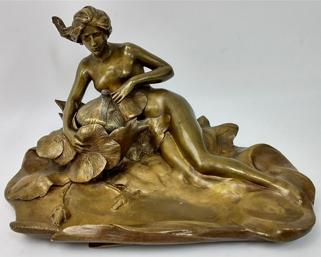 Art Nouveau Bronze Inkwell by Maurice Bouval.: Art Nouveau Bronze Inkwell & Pen Holder by Maurice Bouval, French (1863-1916) Fully Signed & Also with Foundry Mark of E.Colin & Cie, Paris. Condition: Appears to be in Good Condition. Dimensions: L-1