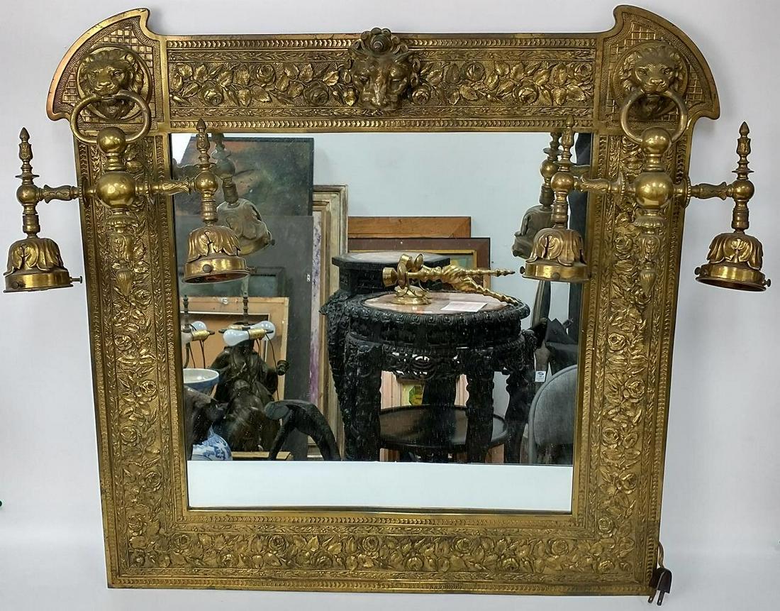 Unusual Antique Large Bronze Mirror with Lions.: Unusual Antique Large Bronze Mirror with Lions & 4 Lights. Condition: Generally Good Condition. Dimensions: H-26" x W-26". Provenance: From a Queens, NY Home. Please note the absence of a condition re