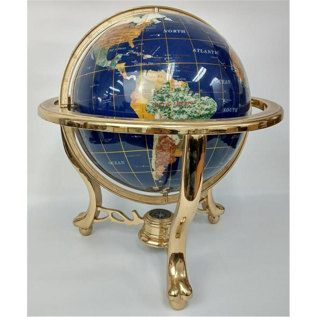 Vintage Inlaid Stone & Brass Globe.: Vintage Inlaid Stone & Brass Globe, with Compass on the Bottom. Condition: Appears to be in Generally Good Condition. Dimensions: H-17" x Dia-16". Provenance: From a Long Island, NY Estate. Please not