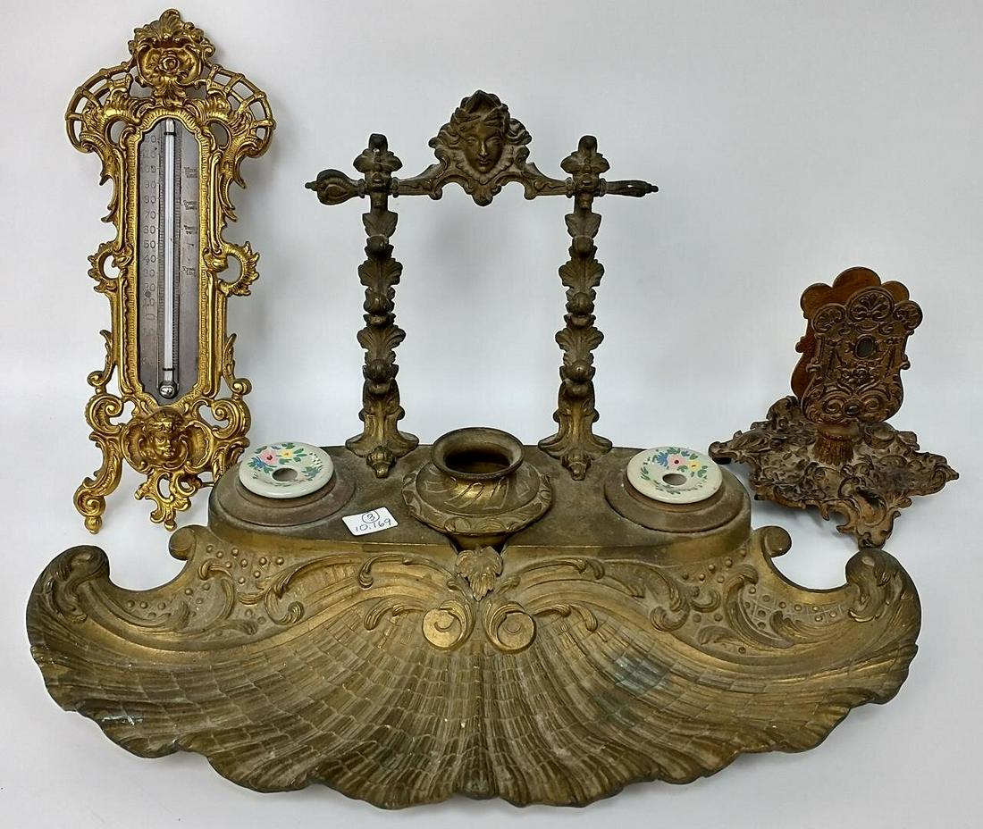 Lot of 3pc Antique Bronze or Brass Desk Items.: Lot of 3pc Antique Bronze or Brass Desk Items, Including a Very Large Pen & Inkwell Holder, a Thermometer & a Match Holder. 2 are by Bradley & Hubbard. Condition: Generally Good Condition. As Found. D