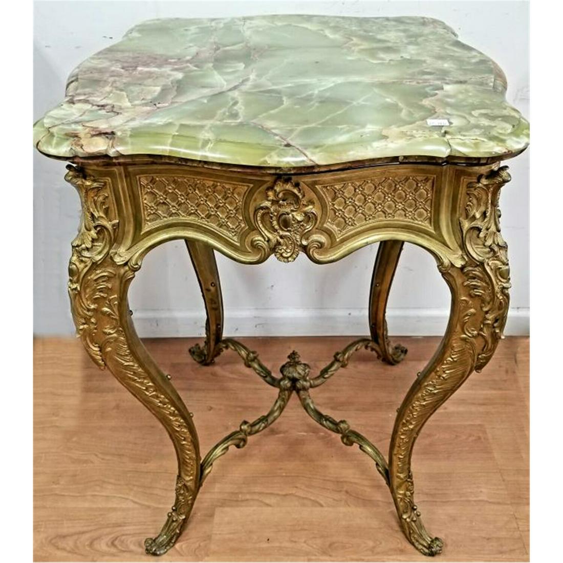 Antique French Dore Bronze Gueridon Table.: Exceptional Antique French Dore Bronze Gueridon Table with Green Onyx Top. Louis XV Style. Condition: Generally Very Good Condition. Some minor chips on the onyx. Dimensions: H-30.75" x L- 24" x W-24"