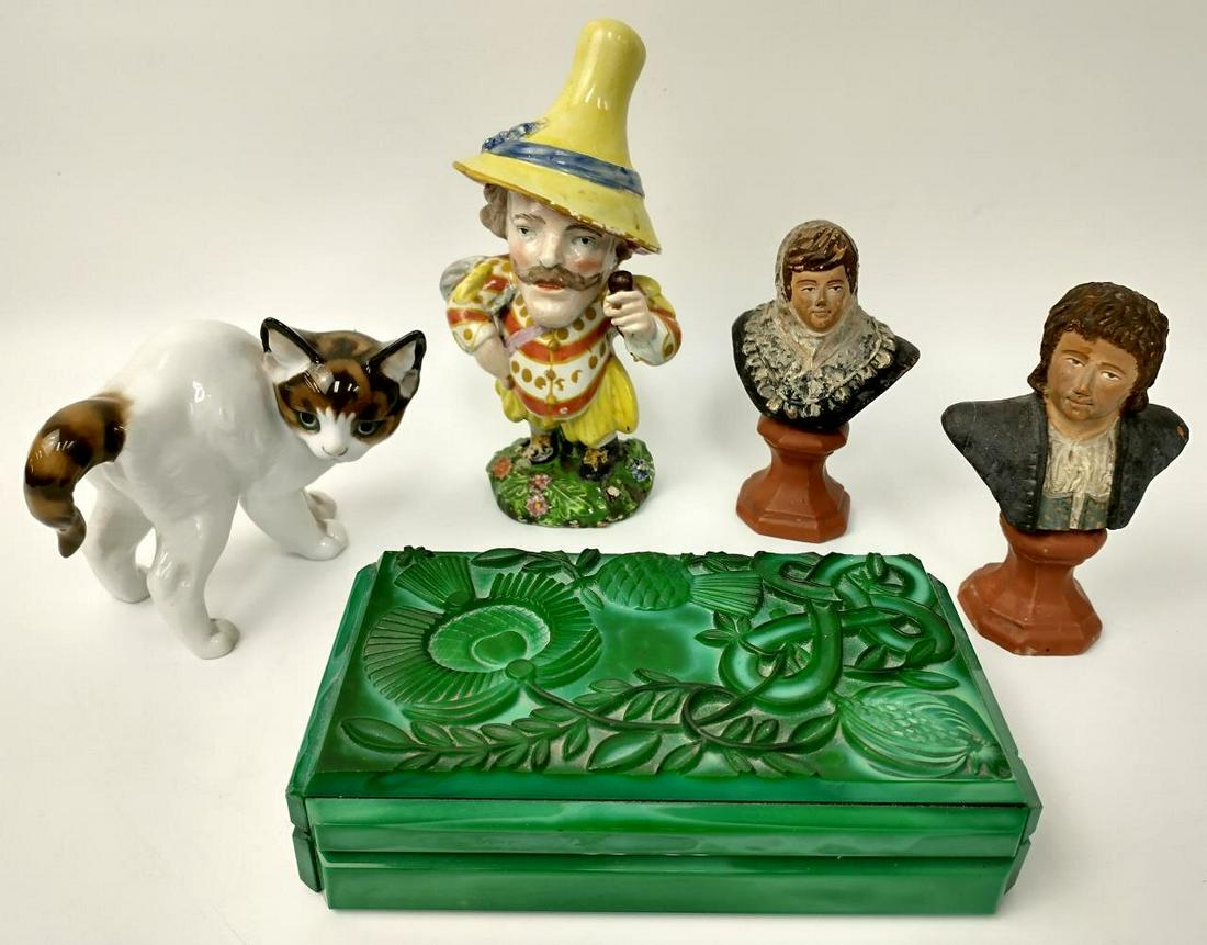 5 Piece Antique Lot Including, Porcelain & Glass.: 5 Piece Lot Including, Rosenthal Porcelain Cat, Pair of Early Terracotta Figurines, Early Continental Figure of a Whimsical Man & Czechoslovakian Malachite Glass Box. Condition: 1 Terracotta Figures H