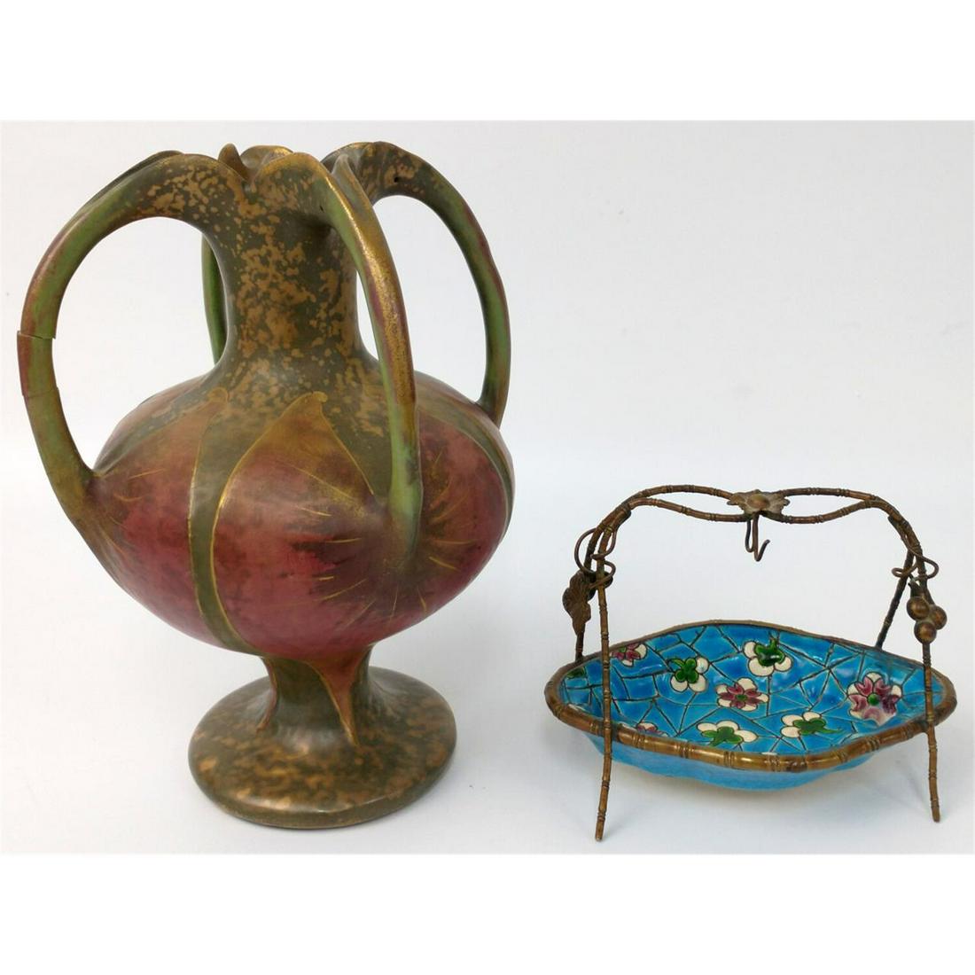 Art Nouveau Amphora Austria 4 Handle Ceramic Vase.: Art Nouveau Amphora Austria 4 Handle Ceramic Vase, Along with a Longwy Small Metal Mounted Nut Dish. Condition: One handle of Amphora was repaired. And Longwy dish also repaired. Dimensions: Amphora- 