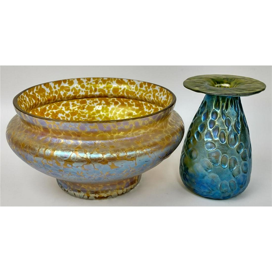 Exceptional Antique Loetz Glass Bowl & Vase.: 2 Exceptional Antique Loetz Glass Items, Including 1 Bowl & 1 Vase. Condition: Both in Excellent Condition. Dimensions: Bowl- H-3.5" x Dia-6.5". Provenance: From a Long Island, NY Home. Please note th
