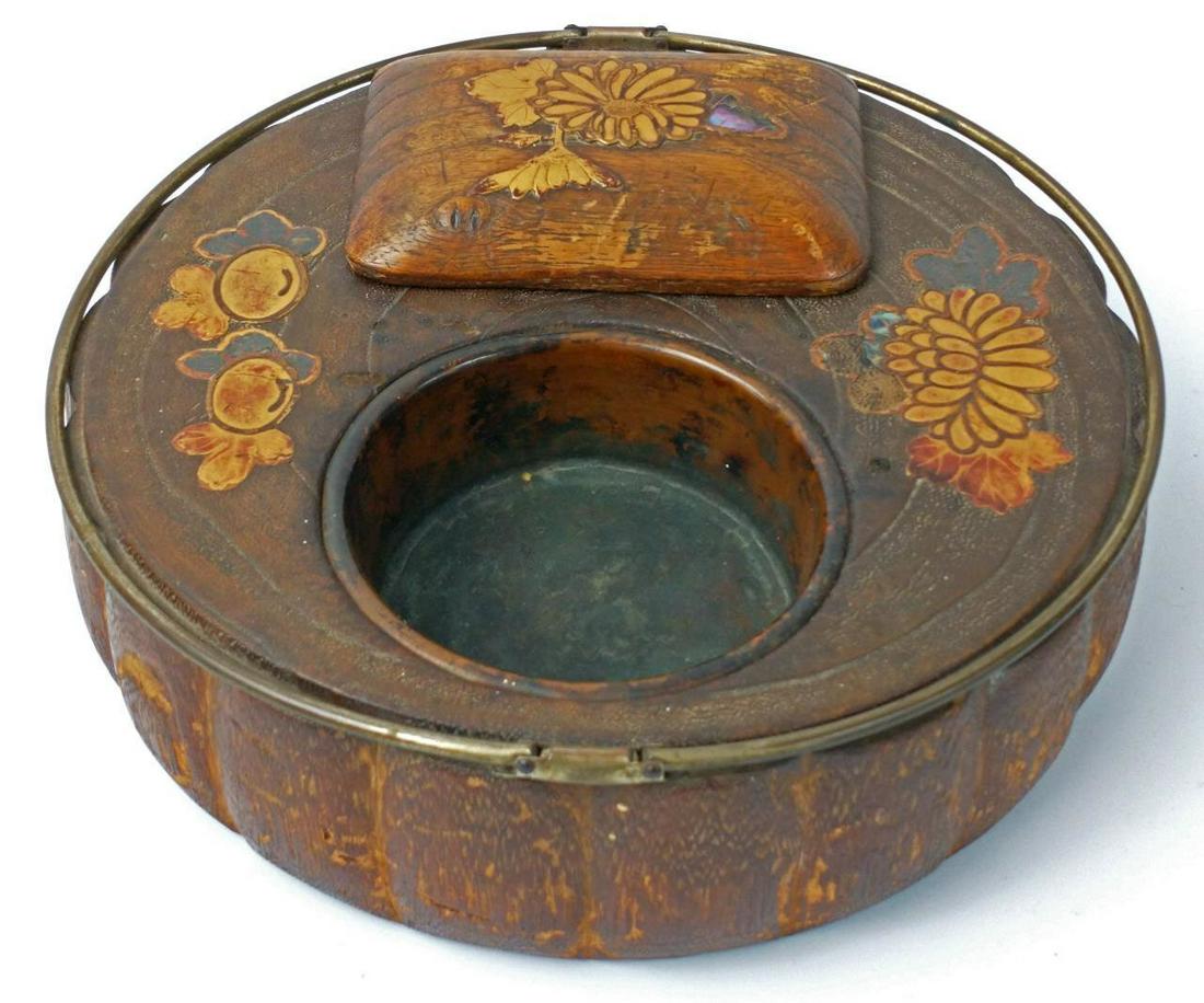Unusual Japanese Antique Wood & Brass Ink Caddy.: Unusual Japanese Antique Wood w/ Gilt Enamel & Mother of Pearl Decoration Brass Ink Caddy with 2 Handles. Signed at the Bottom. Condition: Generally Good Condition for Age. Dimensions: Dia-8.25" x H-2