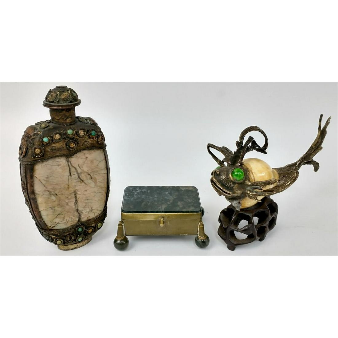 3 Antique Chinese Items, Including Silver.: 3 Antique Chinese Items, Including a Silver & Shell Fish with Green Hard Stone Eyes on Wood Base, a Snuff Bottle with Jewels & a Box with Green Agate. Condition: Generally Good Condition. As Found. Di