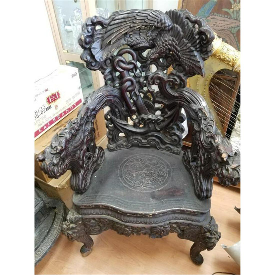 Rare 19thC Japanese Carved Wood Chair.: Rare Antique 19thC Japanese Heavily Carved Mahogany Wood Kings Chair with Carving of Phoenyx, Anchor & Birds. Probably Special Order for an American Dignitary. Meiji period. Condition: Generally Good 