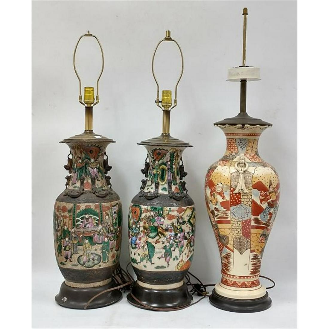 3 Antique Chinese or Japanese Lamps.: 3 Antique Chinese or Japanese Lamps with Wood Bases. Condition: Generally Good Condition. With chips & losses. Dimensions: Tallest- H-23". Provenance: From a Long Island, NY Home. Please note the abse