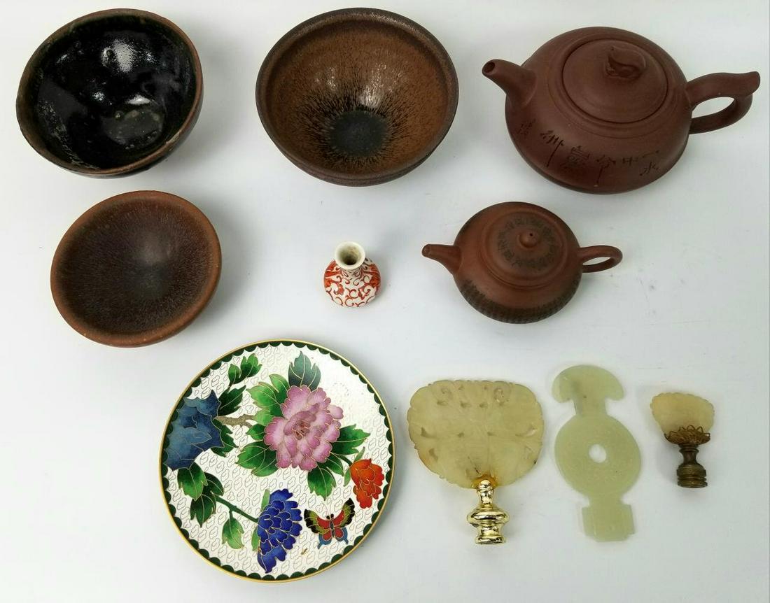 10pc Lot of Chinese Items.: 10pc Lot of Chinese Items, Including 3 Jade or Jadeite Carved Pieces and Others. Condition: All Generally Good Condition. Dimensions: Teapot- W-6.5". Provenance: From a Long Island, NY Home. Please no