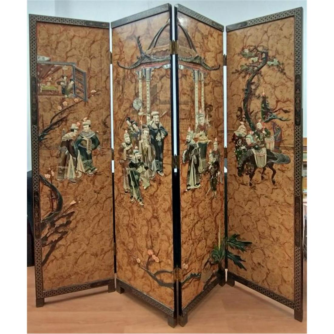 Antique Chinese 4 Panel Folding Screen.: Antique Chinese 4 Panel Folding Screen with Hard Stone Decorations of Various Figures On Black Lacquer. Condition: Generally Good Condition. As Found, with Losses to Hard Stone Decorations. Dimensions