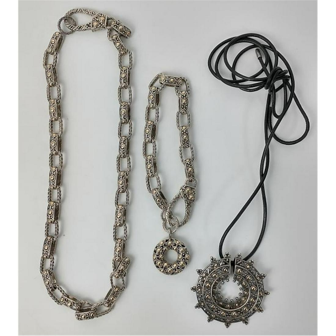 John Hardy 3pc Sterling Silver & 18K Gold Set.: Exceptional John Hardy 3pc Sterling Silver & 18K Gold Set, Including Bracelet, Necklace & Pendant in Original Pouch. Condition: Excellent Condition. Dimensions: Necklace L-18". Total Weight: 114.2g. P