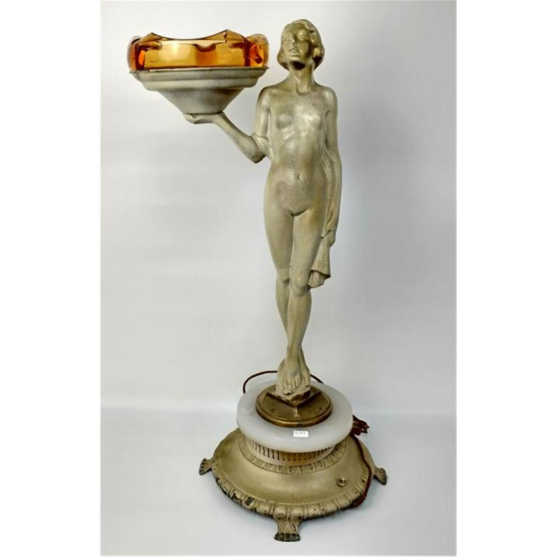 Rare Art Deco Painted Metal & Glass Smokers Stand.: Rare Art Deco Painted Metal & Milk Glass Smokers Stand w/ Light Inside the Base & Amber Original Ash Tray. Condition: Generally Good Condition. Some Paint Loss. Dimensions: Total H-28". Provenance: Fr