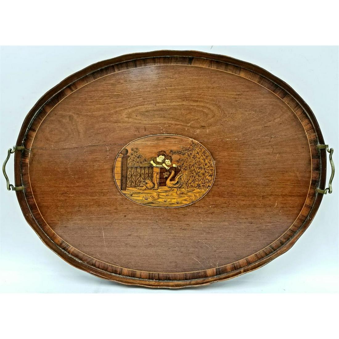 Unusual Antique Inlaid Wood Butler Tray.: Unusual Antique Inlaid Wood Butler Tray with Brass Handles. Condition: With Age Cracks. Dimensions: L-25" x W-20". Provenance: From a Long Island, NY Estate. Please note the absence of a condition rep