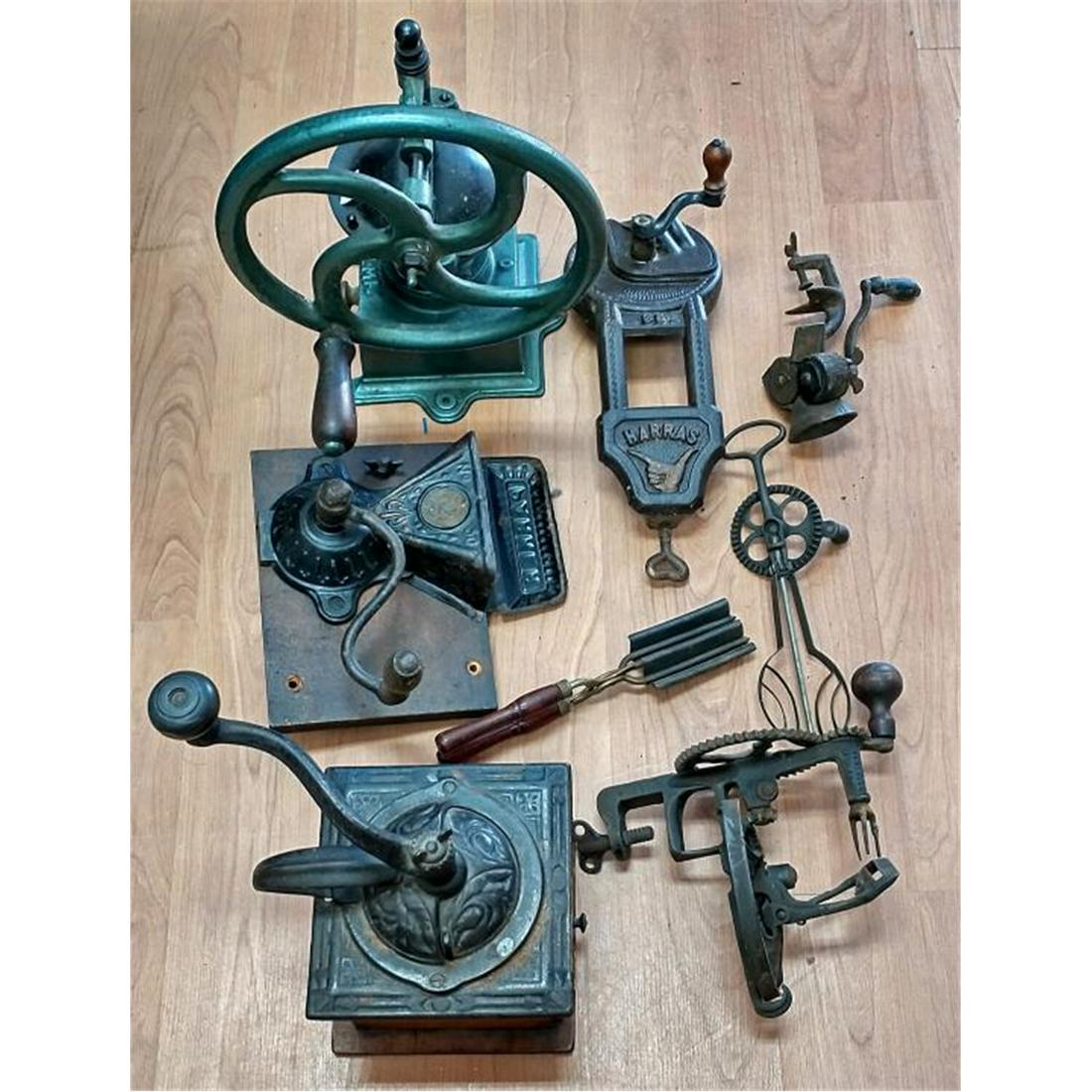 Lot of 8 Antique Metal Coffee & Other Grinders.: Lot of 8 Antique Metal Coffee & Other Grinders. Condition: As Found. Dimensions: Largest- H-14". Provenance: From a Long Island, NY Estate. Please note the absence of a condition report does not imply