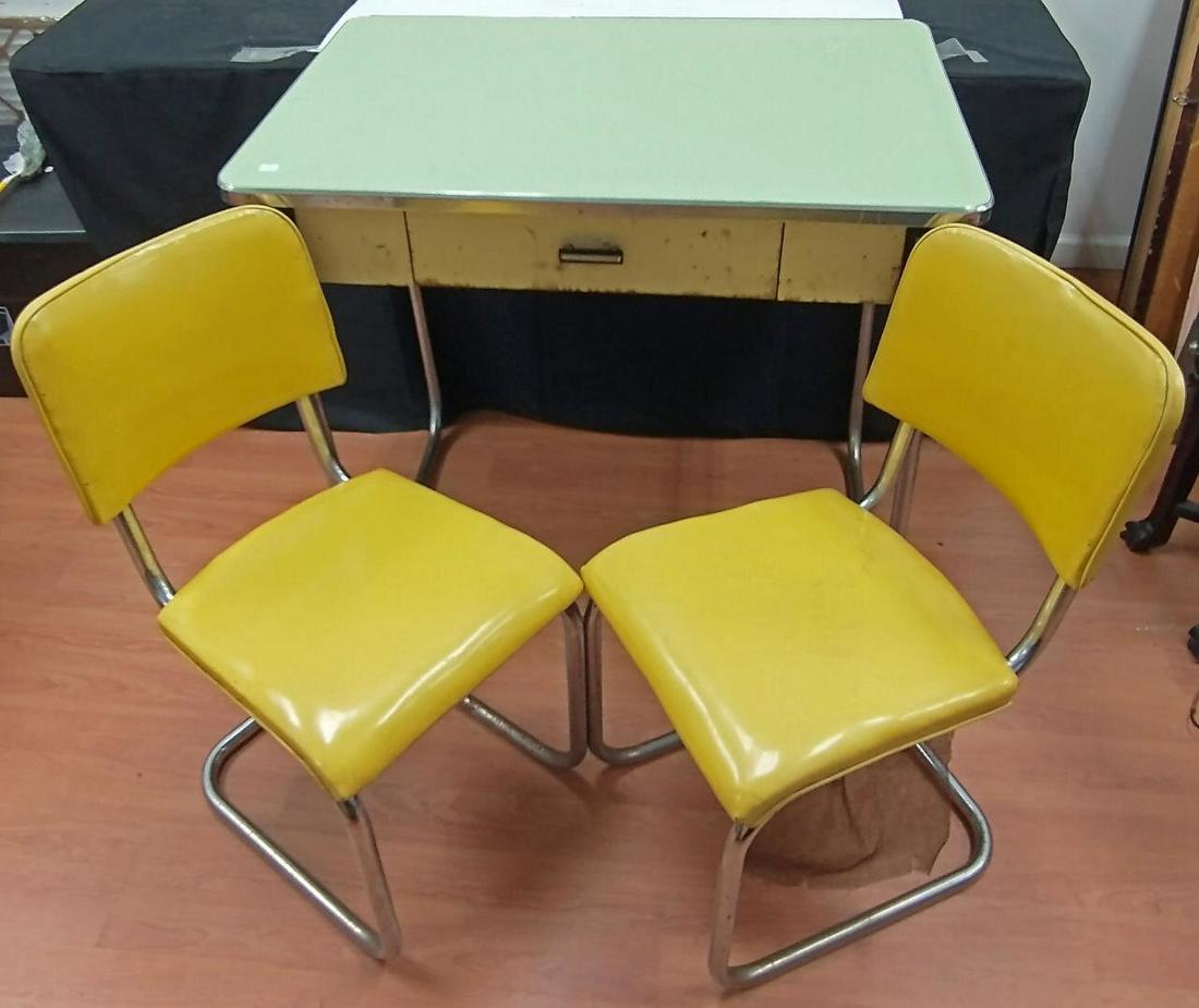 1950's Metal Kitchen Table with 2 Chairs.: 1950's Metal Kitchen Table with 2 Chairs. Table Has Removable Legs. Condition: Used. Dimensions: Table- L-32" x W-25". Provenance: From a Long Island, NY Home. Please note the absence of a condition r
