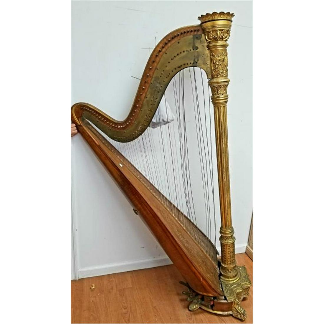 Antique Monumental Music Hall Harp, Lyon & Healy #2728: Antique Monumental Music Hall Harp with Parquetry Wood by Lyon & Healy. Fully Signed & Numbered 2728. Condition: As Is. Needs complete restoration. Dimensions: H-71" x W-42". Provenance: From a Long I