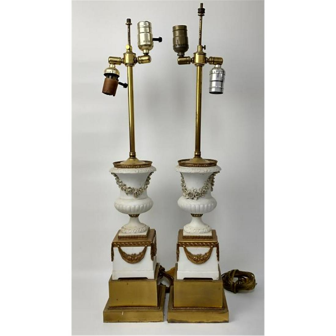 Vintage Pair of White Porcelain & Brass Lamps.: Vintage Pair of White Porcelain & Brass Lamps. Condition: Generally Good Condition. With minor chips. Dimensions: H-26". Provenance: From a Long Island, NY Home. Please note the absence of a condition