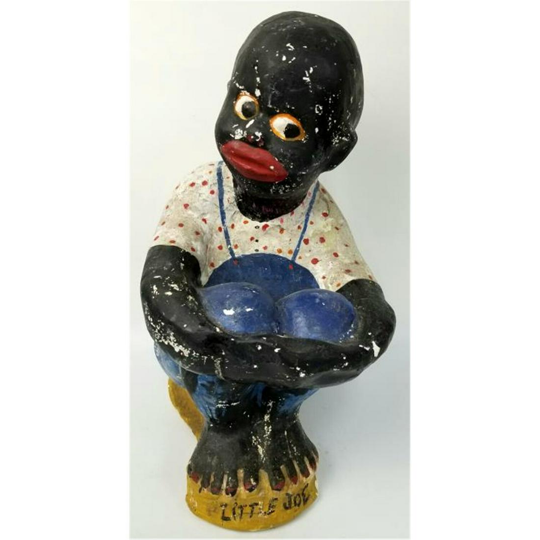 Antique Plaster Black Americana Painted Seated Boy: Antique Plaster Black Americana Painted Seated Boy. "Little Joe". Condition: Generally Good Condition. Plaster & paint loss due to age & use. Dimensions: H-14" x W-8" x D-11". Provenance: From a Midwe