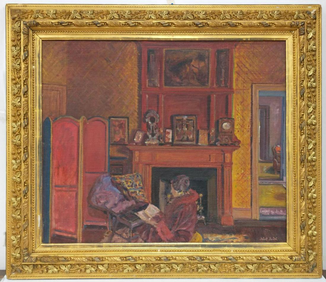 Painting Oil on Canvas, Signed Albert Andre: Painting Oil on Canvas, Signed Lower Right Albert Andre, French (1869-1954). Interior Scene. In original frame. Condition: Generally very good condition. Dimensions: Sight: 30"x25", Frame: 38.5"x33.5"