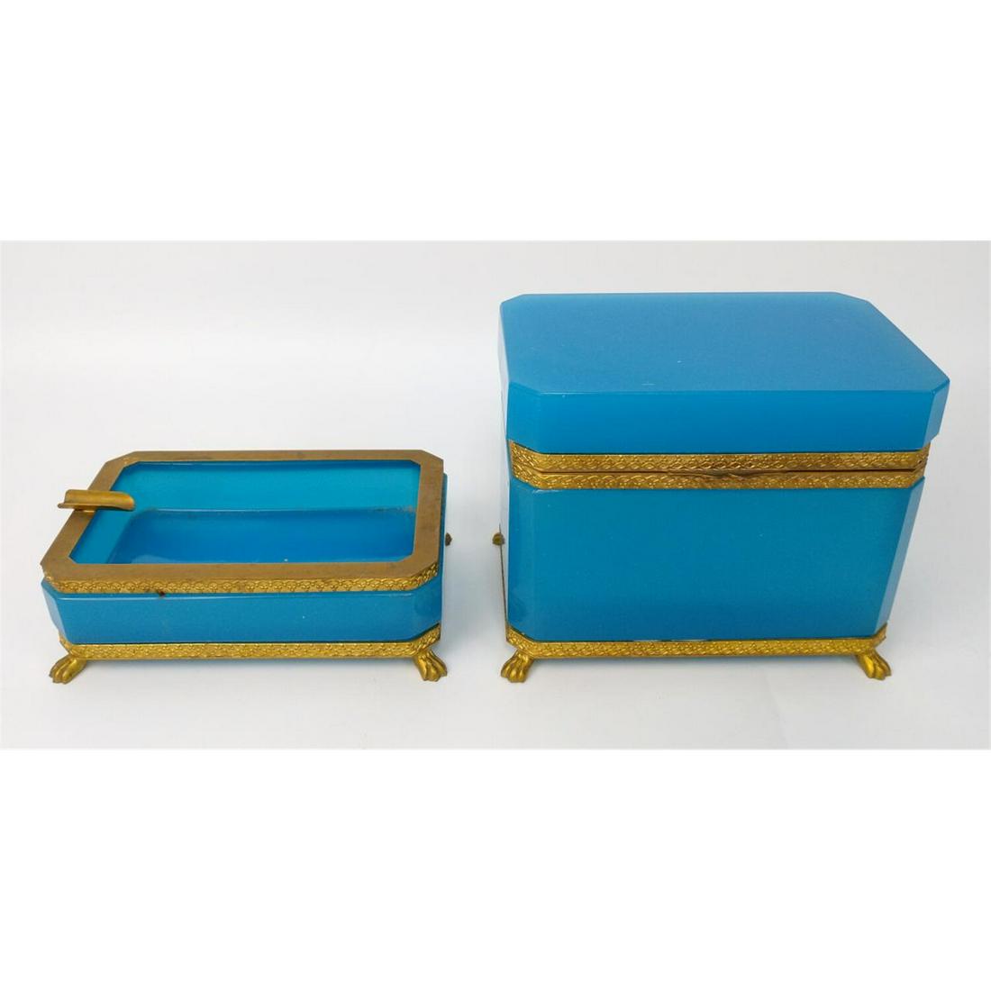 Antique Blue Opaline Glass Box & Ashtray (1 of 4)
