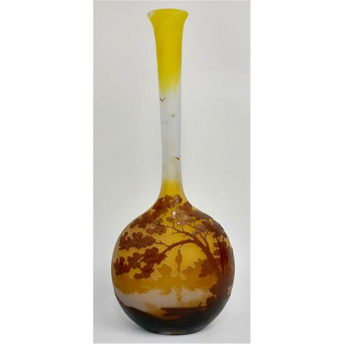 Tall Galle Scenic Cameo Glass Banjo Shape Vase: Tall Galle Scenic Cameo Glass Banjo Shape Vase, Circa 1912.Condition: Generally Very Good Condition. Dimensions: H-11".Provenance: From a New York City Estate, 5th Ave., NY. Please note the absence of