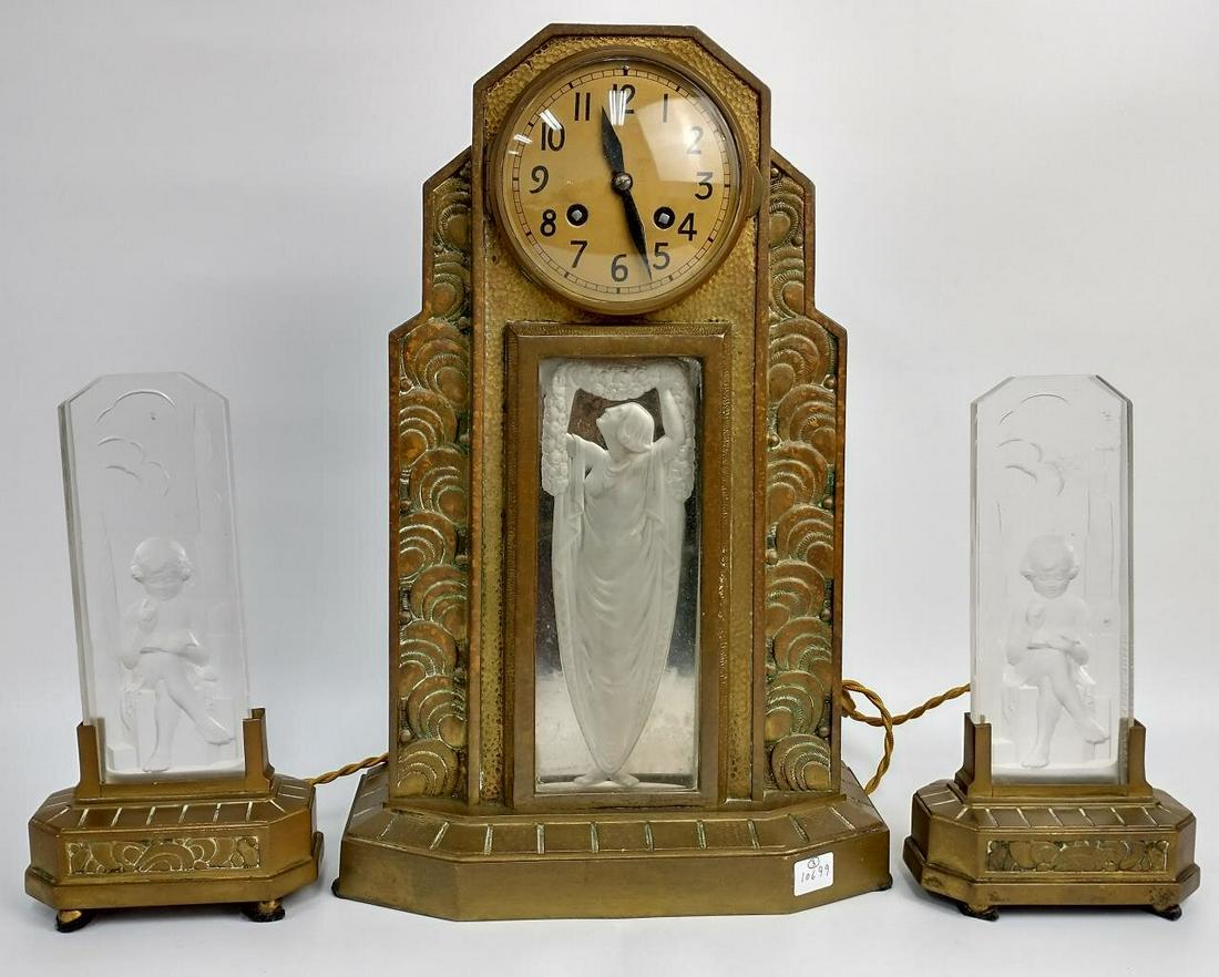 Art Deco French Bronze & Cut Glass 3pc Clock Set (1 of 8)