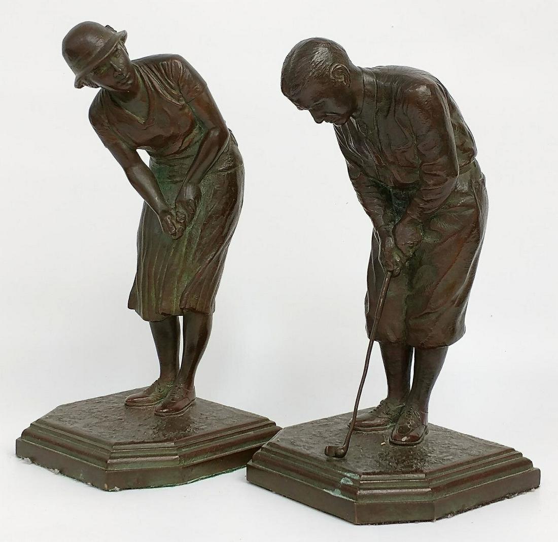 Pair of Antique Bronze Sculptures "Golf", Signed. (1 of 7)