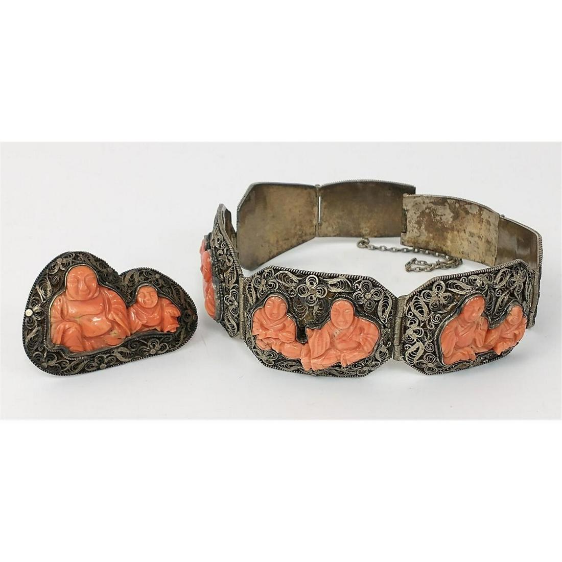 Chinese Silver & Coral Filigree Bracelet & Brooch (1 of 5)