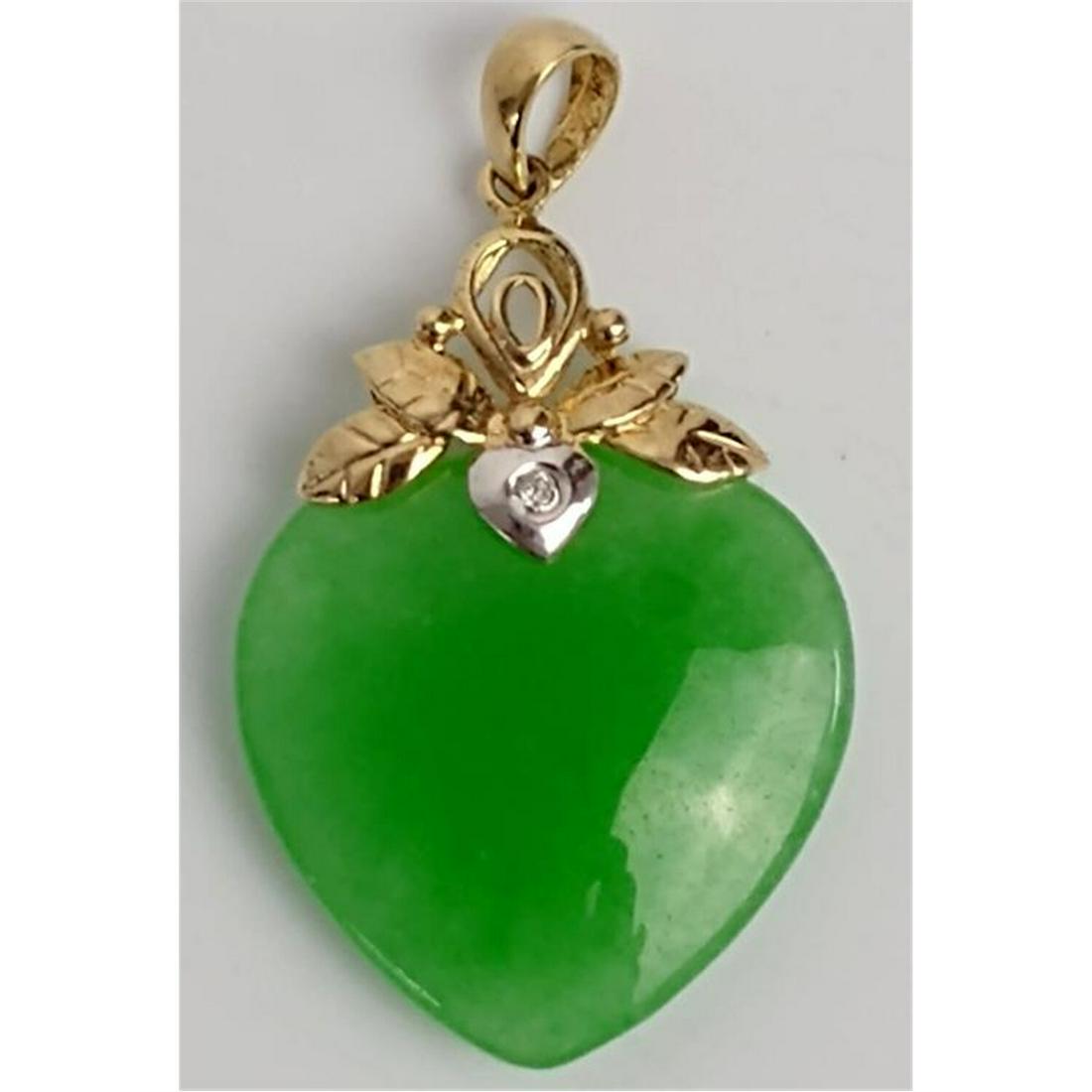 14K Gold Heart Shape Jade & Diamond Pendant. (1 of 3)