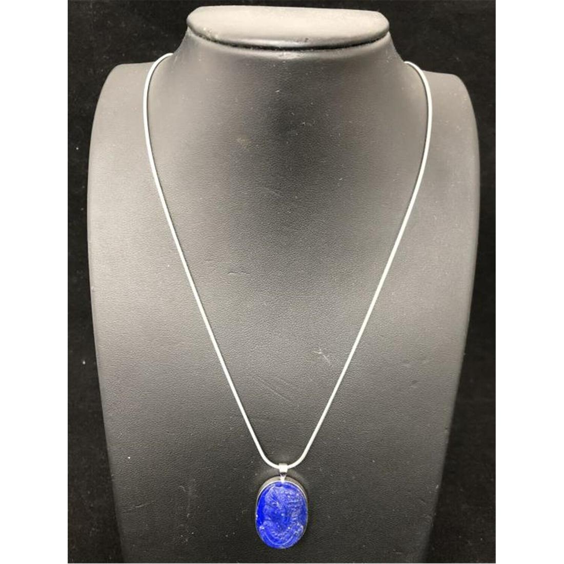 14K Wht Gold,Carved Lapis Lazuli Pendant, Necklace (1 of 4)