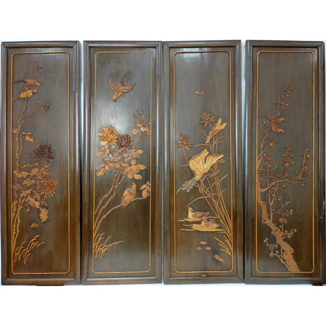 Japanese Set of 4 Carved Wood Inlaid Tall Plaques (1 of 5)