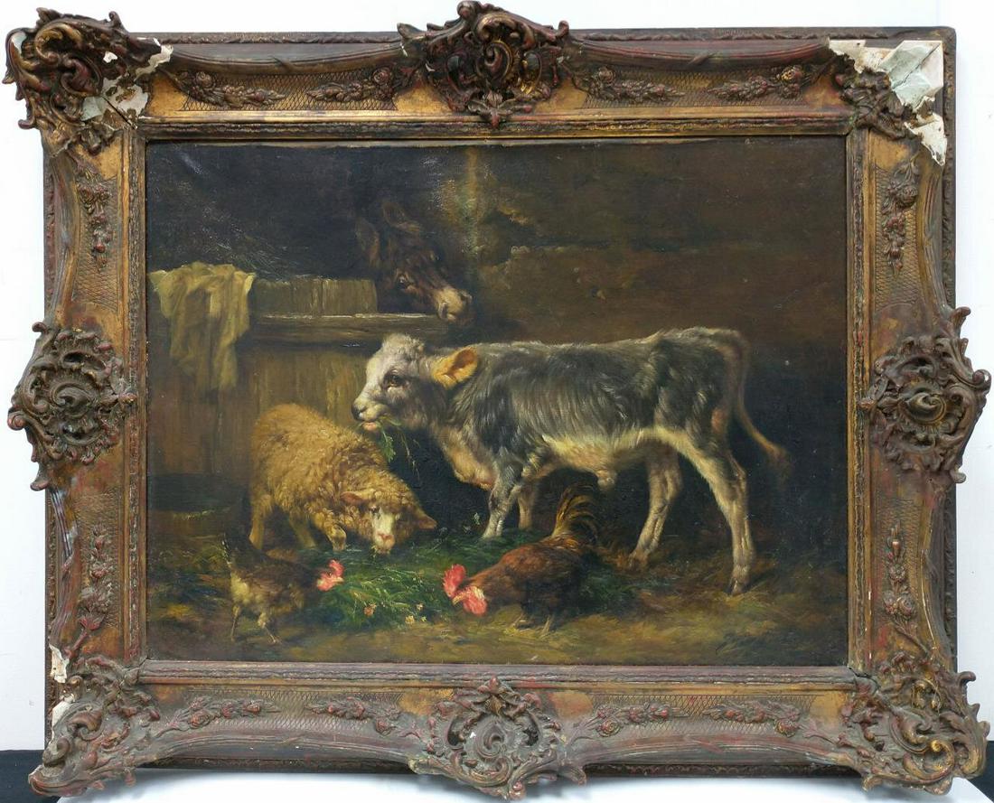 Large Painting Oil on Canvas by Gaston Dubois: Large Painting Oil on Canvas by Gaston Dubois, French (1837-1909). "Los Amigos".Friendly Farm Animals. Signed Lower Right. In Original Frame. Condition: Generally Good Condition. Frame needs attention